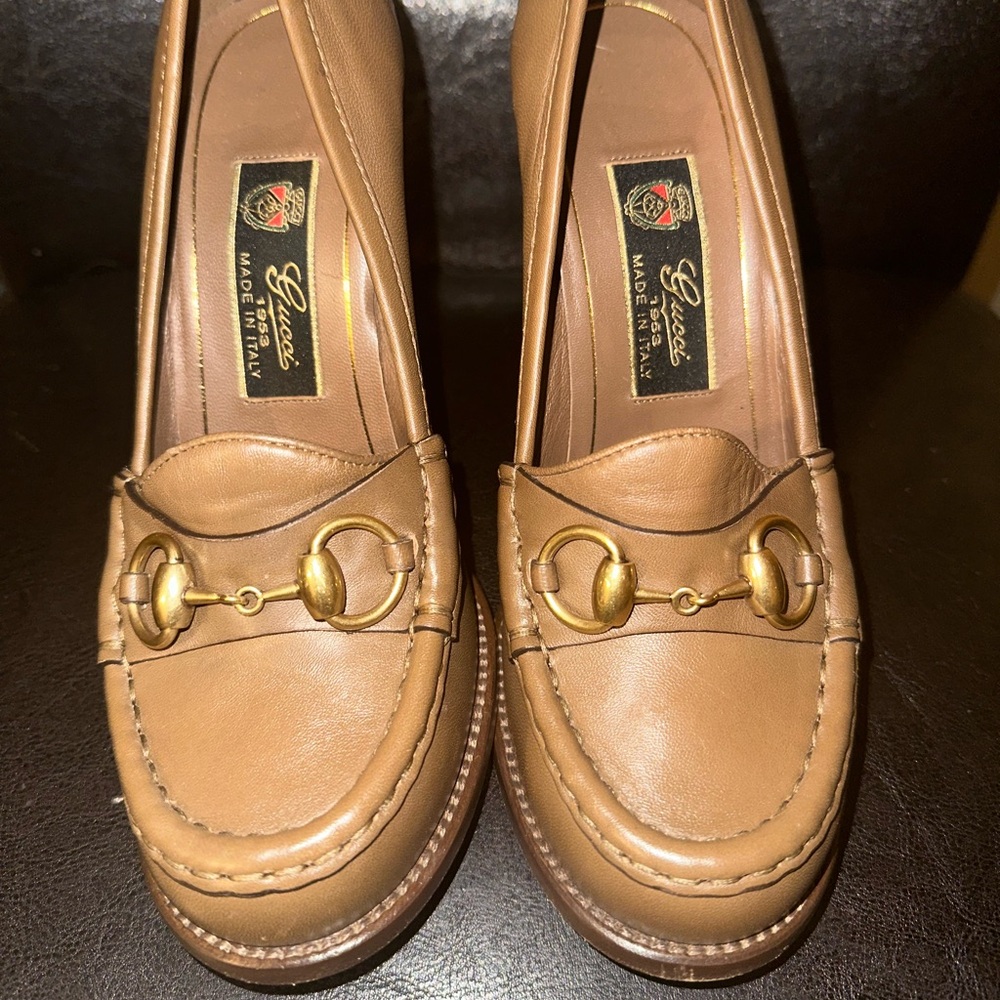 Gucci Horsebit Brown Leather Loafers with Gold Accents pump